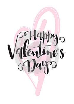 Vector illustration of valentine`s day greetings card with hand lettering label - happy valentine`s day - with doodle heart