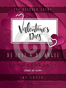 Vector illustration of valentine`s day party poster template with hand lettering label - happy valentine`s day - with