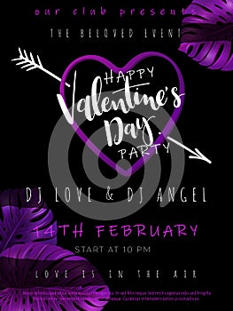 Vector illustration of valentine`s day party poster template with hand lettering label - happy valentine`s day - with