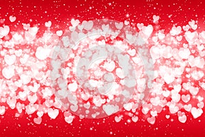 Vector Illustration of a Valentines Day Card. Falling hearts, sparkle star, snow on a pink background. Abstract white glitter conf