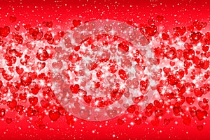 Vector Illustration of a Valentines Day Card. Falling hearts, sparkle star, snow on a pink background. Abstract white glitter conf