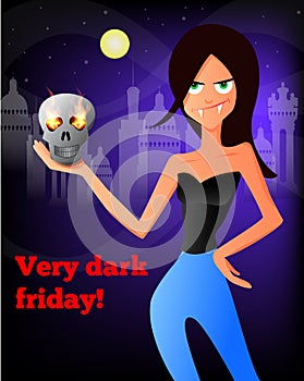 Vector illustration of a vampire girl with a skull for a dark black Friday.