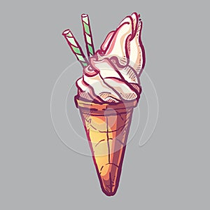 Vector illustration vanilla ice-cream with tubules in cone