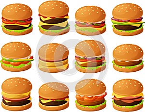 Vector illustration of various burgers isolated on white background