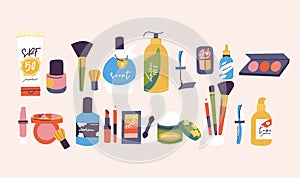 Vector illustration various of cosmetics. Face and body care cosmatics products. Cleansing, moisturizing, treating