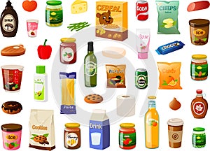 Vektor ilustrácie z rôzny každodenné špajzu potraviny nakupovanie jedlo položiek 