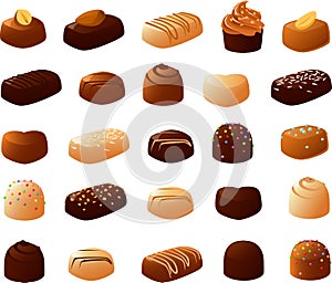 Vector illustration of various filled chocolates with different shapes and toppings