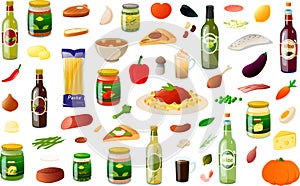 Vector illustration of various Italian food items, dishes and ingredients