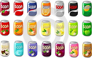 Vector illustration of various kinds of brand name soda cans with different flavors