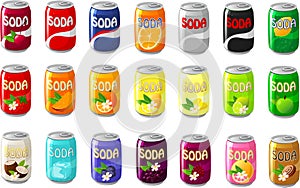 Vector illustration of various kinds of brand name soda cans with different flavors photo