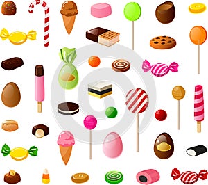 Vector illustration of various kinds of candies, caramels and chocolates