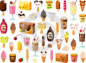 Vector illustration of various kinds of colorful ice creams and dairy food products and ice pops