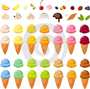 Vector illustration of various kinds of colorful ice creams, sugar cones and toppings to build your own ice cream