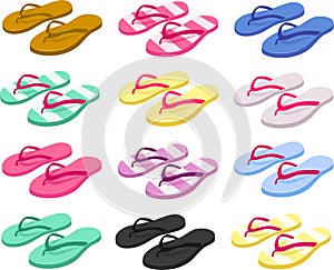Vector illustration of various kinds of colorful summer flip flop sandals