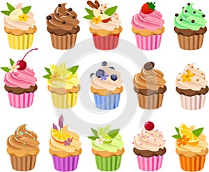 DrVector illustration of various kinds of cup cakes with colorful toppings and frosting