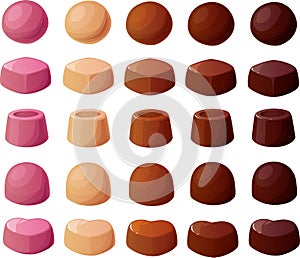 Vector illustration of various kinds of filled chocolate truffles, pralines and bonbons