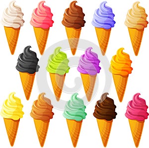 Vector illustration of various kinds of soft serve ice cream in sugar cones