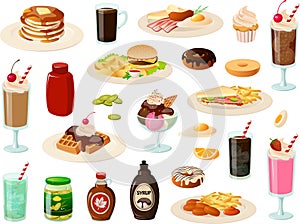 Vector illustration of various kinds of typical American diner foods such as burgers, pancakes and waffles