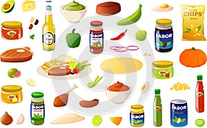 Vector illustration of various Latin American Mexican foods, ingredients and pantry items