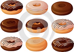 Vector illustration of various old plain, glazed and chocolate frosted donuts or doughnuts