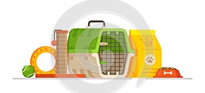 Vector illustration of various products for the dog. Pet cage, cat scratcher, cat food, dog food.