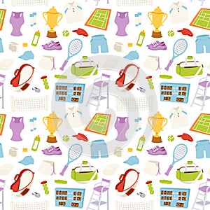 Vector illustration of various stylized tennis icons seamless pattern