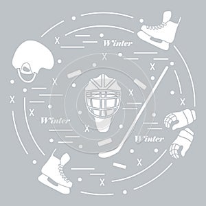 Vector illustration of various subjects for hockey. Including icons of helmet, gloves, skates, goalkeeper mask, hockey