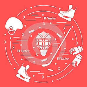 Vector illustration of various subjects for hockey. Including icons of helmet, gloves, skates, goalkeeper mask, hockey