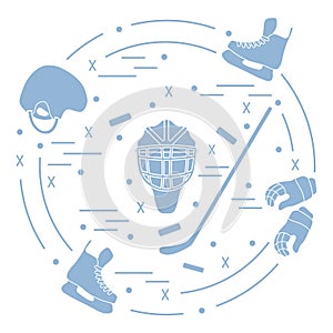 Vector illustration of various subjects for hockey. Including icons of helmet, gloves, skates, goalkeeper mask, hockey