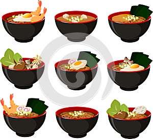 Vector illustration of various typical Asian Japanese noodle soups