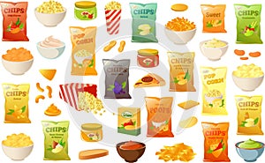 Vector illustration of various unhealty snacks such as potato chips, pop corn and pizza