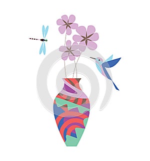 Vector illustration: Vase with flowers, hummingbirds, and dragonflies. Perfect for nature-themed designs. Use for