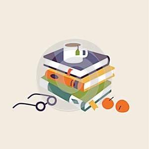 Vector illustration vertical stack different books in hardbacks with bookmarks and with cup of coffee on the top and