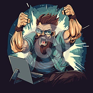 An angry bearded man, screaming at a computer screen