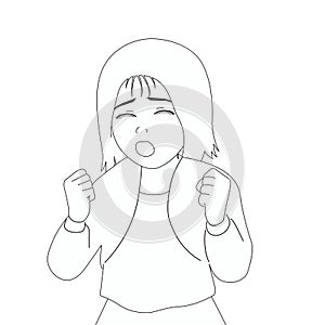 Vector illustration of a very angry girl, she screams and clenches her fists. Aggressive children. black and white