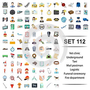 Vector illustration of vet, clinic, underground, taxi, mail postman logistic funeral ceremony fire,department icon set.
