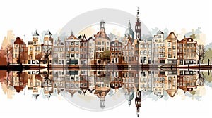 Vector illustration. View of Amsterdam with typical dutch old-fashioned houses at the riverbanks.