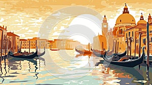 Vector illustration. View of the canals in Venice with buildings and churches on the riverbanks.