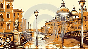 Vector illustration. View of the canals in Venice with buildings and churches on the riverbanks