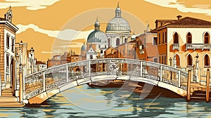 Vector illustration. View of the canals in Venice with buildings and churches on the riverbanks.
