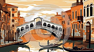 Vector illustration. View of the canals in Venice with buildings on the riverbanks. Gondolas are floating in the water.