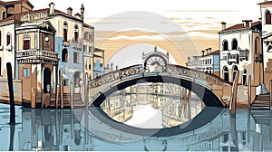 Vector illustration. View of the canals in Venice with buildings on the riverbanks. Gondolas are floating in the water.