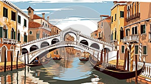 Vector illustration. View of the canals in Venice with buildings on the riverbanks. Gondolas are floating in the water.