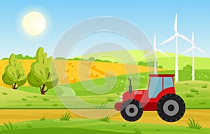 Vector illustration of village with fields and tractor working on farmed land, bright colors landscape, farm concept in