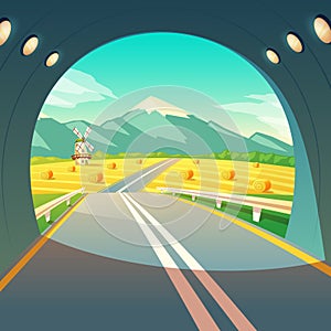 Vector illustration of village landscape, view from exit of road tunnel. Farm with mill, wheat field with sky, mountain