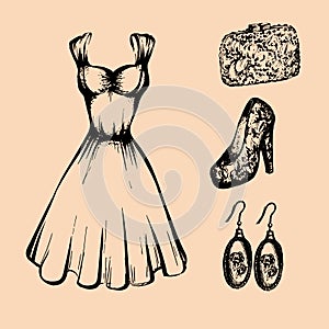 Vector illustration of vintage dress, shoes with high heels, earrings, bag in barocco style. photo