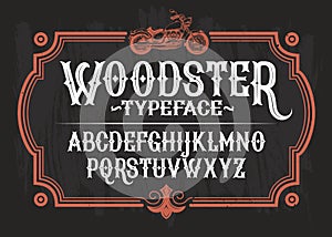 Vector illustration of a vintage font, the Latin alphabet in a retro frame with a custom motorcycle.
