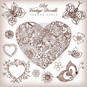 Vector illustration vintage heart set zentangl in colors, rose, butterfly, dudlart, zenart. Adult coloring books.