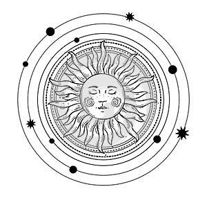 Vector illustration in vintage mystic style, boho design, tattoo, tarot. The device of the universe, the sun with a face, orbits