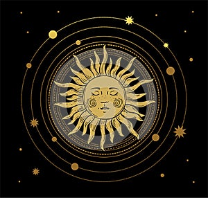 Vector illustration in vintage mystical style, boho design, tattoo, tarot. The device of the universe with a golden sun